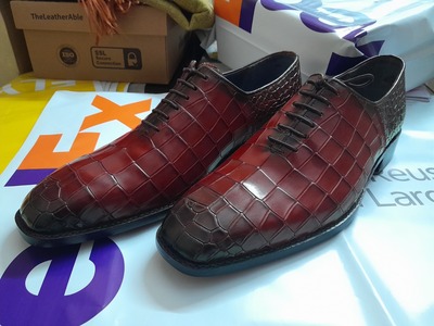 Hot Sale Men's Hand Stitch Burgundy Alligator Shoes, Genuine Leather Lace Up Formal Shoes