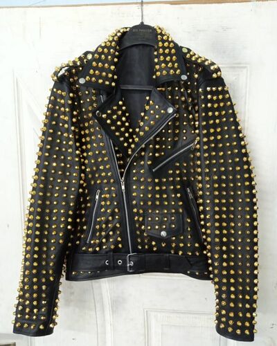 Men's Handmade Black Golden Studded Punk Leather Jacket