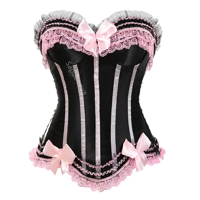 Black & Pink Lace Up Bustier Corset