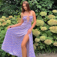 Purple Floral Ruched Satin Slip Maxi Dress  - Thumbnail 2