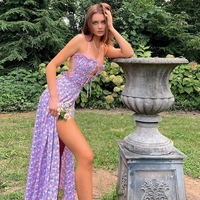 Purple Floral Ruched Satin Slip Maxi Dress  - Thumbnail 3