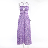 Purple Floral Ruched Satin Slip Maxi Dress  - Thumbnail 4