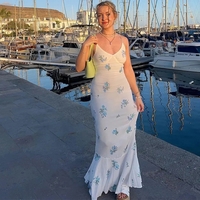 Blue & White Floral Print Spaghetti Strap Maxi Dress  - Thumbnail 3