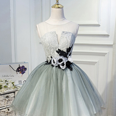 Gray tulle lace knee length prom dress, cute scoop homecoming dress ct3585 - Thumbnail 2