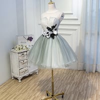 Gray Tulle Lace Knee Length Prom Dress, Cute Scoop Homecoming Dress CT3585 - Thumbnail 1