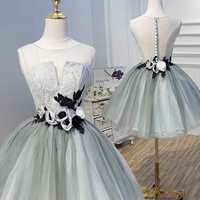 Gray Tulle Lace Knee Length Prom Dress, Cute Scoop Homecoming Dress CT3585 - Thumbnail 4