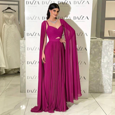 Elegant arabic fuchsia pleat chiffon mother of bride/groom dress evening dresses with cape sleeves wedding party formal gowns for women
