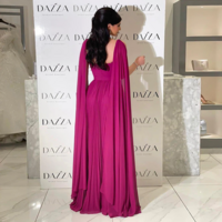 Elegant Arabic Fuchsia Pleat Chiffon Mother of Bride/Groom Dress Evening Dresses With Cape Sleeves Wedding Party Formal Gowns For Women - Thumbnail 1