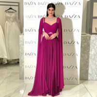 Elegant Arabic Fuchsia Pleat Chiffon Mother of Bride/Groom Dress Evening Dresses With Cape Sleeves Wedding Party Formal Gowns For Women - Thumbnail 3