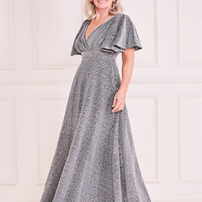 Sequin flutter sleeve maxi silver mother of the bride/groom dress for wedding party v-neck eveing gown for women custom made