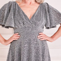 Sequin Flutter Sleeve Maxi Silver Mother Of The Bride/Groom Dress For Wedding Party V-neck Eveing Gown For Women Custom Made - Thumbnail 1