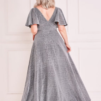 Sequin Flutter Sleeve Maxi Silver Mother Of The Bride/Groom Dress For Wedding Party V-neck Eveing Gown For Women Custom Made - Thumbnail 3