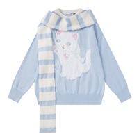 Stars Cute Cat Pullover Knitted Embroidery Oversize Sweater - Thumbnail 9