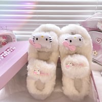 Plush Fluff Cat Kitty Pink Red Bow Furry Winter White Shoes Slippers - Thumbnail 1