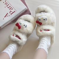 Plush Fluff Cat Kitty Pink Red Bow Furry Winter White Shoes Slippers - Thumbnail 2