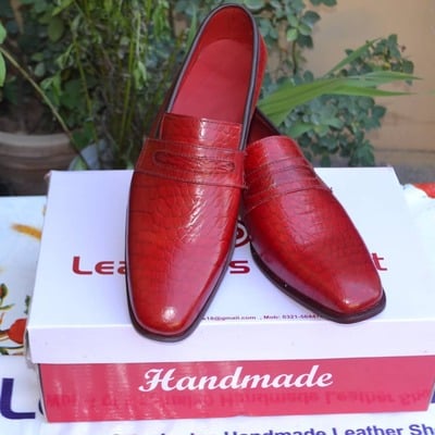 Classic handmade red crocodile texture leather moccasin loafers dress shoes - Thumbnail 5