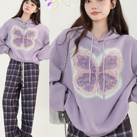 Autumn Winter Butterfly Purple Oversize Sweatshirt Hoodie - Thumbnail 6