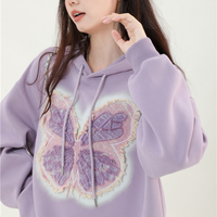 Autumn Winter Butterfly Purple Oversize Sweatshirt Hoodie - Thumbnail 5