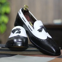 Bespoke Handmade Black and White Color Tussle Loafer Wing Tip Brogue Toe Party Wear Men's Designer Leather Shoes - Thumbnail 1