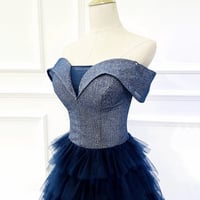 Blue Tulle Tiered Long Prom Dress, A-Line Off Shoulder Formal Evening Dress CT3588 - Thumbnail 1