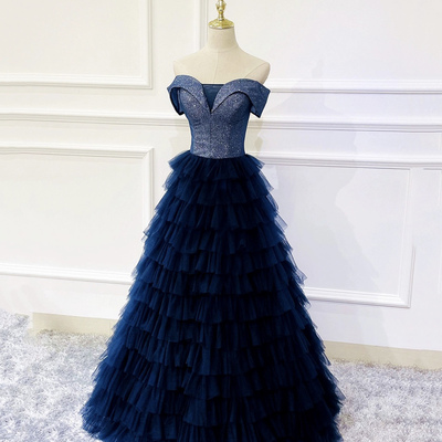 Blue tulle tiered long prom dress, a-line off shoulder formal evening dress ct3588