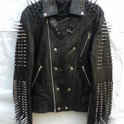 Men's handmade black silver long spiked studded cowhide leather jacket - Thumbnail 5