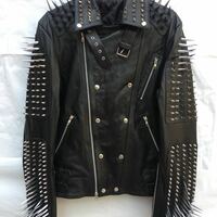 Men's Handmade Black Silver Long Spiked Studded Cowhide Leather Jacket - Thumbnail 1
