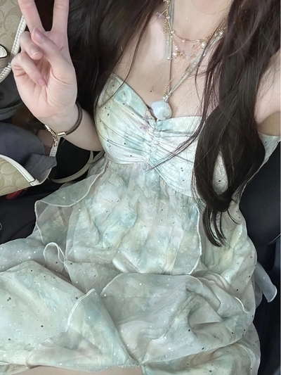 Green Chiffon French Beach Midi Dress 