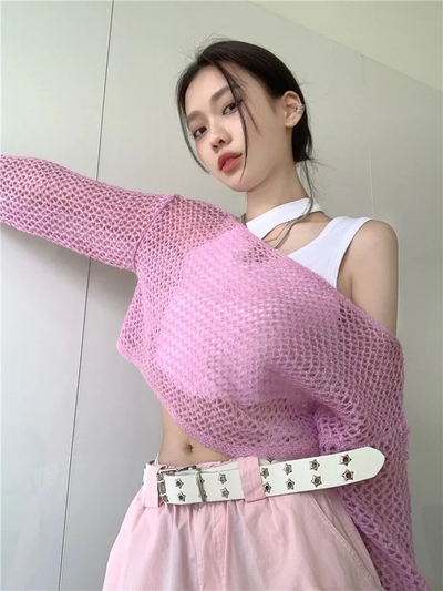 Pink Hollow Out Knit Cropped Sweater 