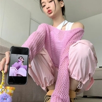 Pink Hollow Out Knit Cropped Sweater  - Thumbnail 2
