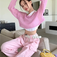 Pink Hollow Out Knit Cropped Sweater  - Thumbnail 3