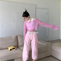 Pink Hollow Out Knit Cropped Sweater  - Thumbnail 4