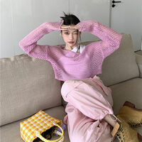 Pink Hollow Out Knit Cropped Sweater  - Thumbnail 6