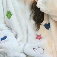 White Embroidery Zip Up Fluffy Fleece Jacket  - Thumbnail 4