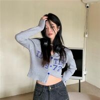 Grey V Neck Cropped Cardigan  - Thumbnail 2