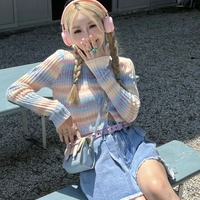 Rainbow Striped V Neck Cropped Cardigan  - Thumbnail 1