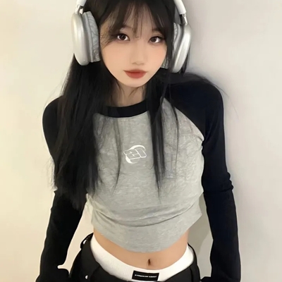 Black & grey patchwork long sleeve crop top 