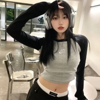 Black & Grey Patchwork Long Sleeve Crop Top  - Thumbnail 1
