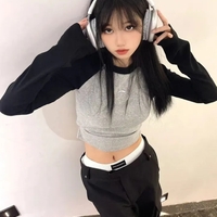 Black & Grey Patchwork Long Sleeve Crop Top  - Thumbnail 3