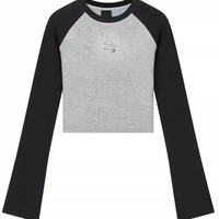 Black & Grey Patchwork Long Sleeve Crop Top  - Thumbnail 4