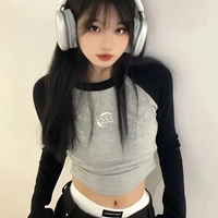 Black & Grey Patchwork Long Sleeve Crop Top  - Thumbnail 5