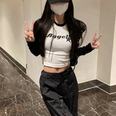 Black & white angel patchwork long sleeve crop top  - Thumbnail 2