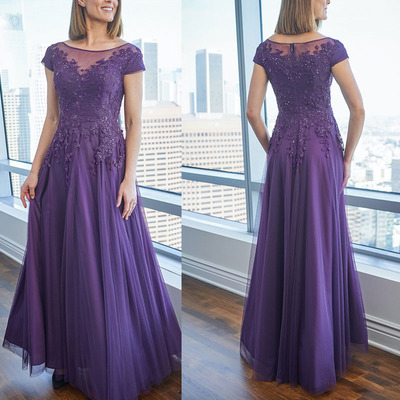Cap sleeves purple bridesmaid dresses with lace appliques