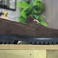 Handmade Brown Color Horse Bit Style Loafer Party Wear Men's Rubber Sole Suede Shoes - Thumbnail 3