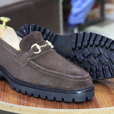 Handmade brown color horse bit style loafer party wear men's rubber sole suede shoes - Thumbnail 1