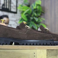 Handmade Brown Color Horse Bit Style Loafer Party Wear Men's Rubber Sole Suede Shoes - Thumbnail 2