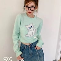 Blue Cat Print Cropped Sweater  - Thumbnail 2