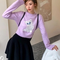 Blue Cat Print Cropped Sweater  - Thumbnail 3