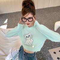 Blue Cat Print Cropped Sweater  - Thumbnail 7