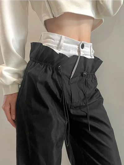 Patchwork High Waist Wide Leg Cargo Pants